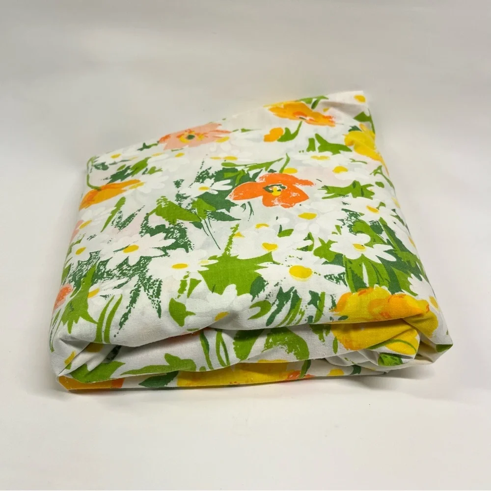 70’s Vintage Twin Fitted Sheet floral percale 0758 green yellow orange